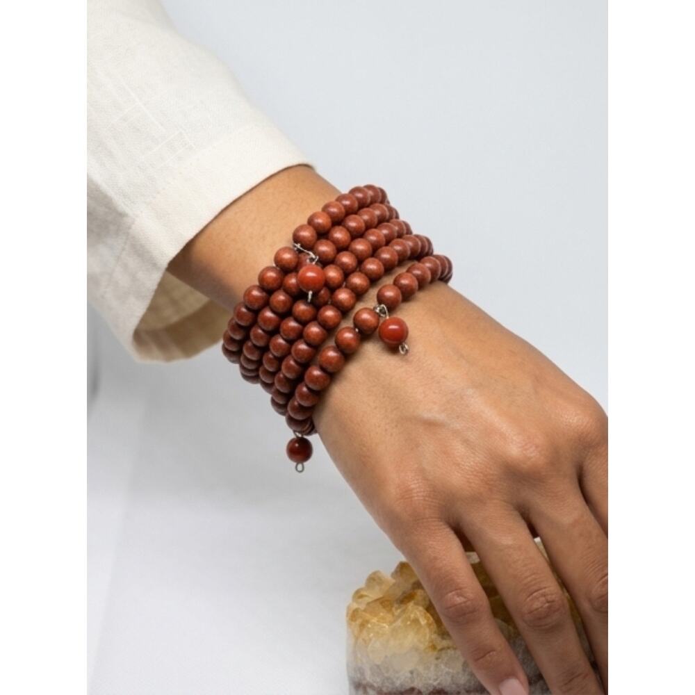 Wood Bead Memory Wire Coil Bracelet Red Jasper Ends Boho Wrap